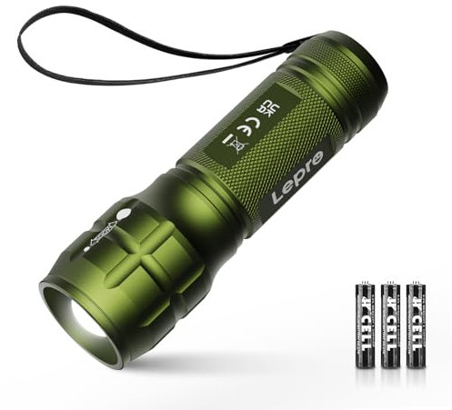 Lighting EVER Lepro Lampe Torche L8000 Puissante, Lampe de Poche Zoomable Étanche IPX4, 3 AAA Piles Compris, Design Compact pour Camping, Randonnée, Urgences, Promener un Chien, Vert