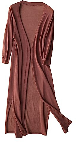 Linne lätt kofta dam sommar lång | kappa dam elegant | sommarjacka stora storlekar stickad kappa med slits damjackor tunn lång kofta långärmad finstickad ledig linnekofta, kaffe, L