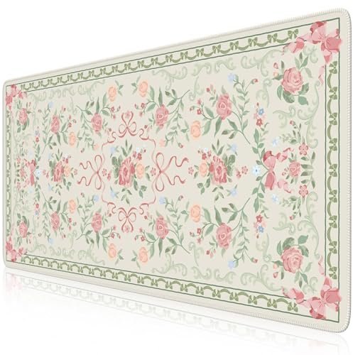HAOCOO Cute Floral Desk Mat, Green Mouse Pad, Waterproof Desk Matt for Desktop, 35.4 x 15.7 Non-Slip Desk Mouse Pad, Keyboard Mat with Stitched Edge, Desk Pad Mat for Office, Home