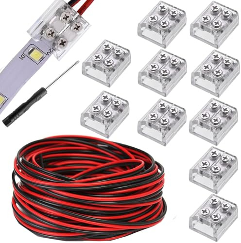 RUNCCI-YUN 10piezas conector cinta 5 V, 12 V, 24 V LED 2 pines 8 mm, con 5M 22AWG cable alargador tira LED con destornillador (transparente)