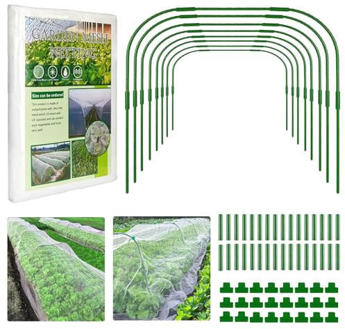 SZMDLX Garten Gemüseschutznetz, 8 Stück Große Pflanztunnel & 24 Clips, 8×26 FT Insektenschutznetz,Hochbeet-Gewächshaus-Bogen-Set & Vogelnetz zum Schutz von Gemüse und Blumen vor Insekten und Vögeln