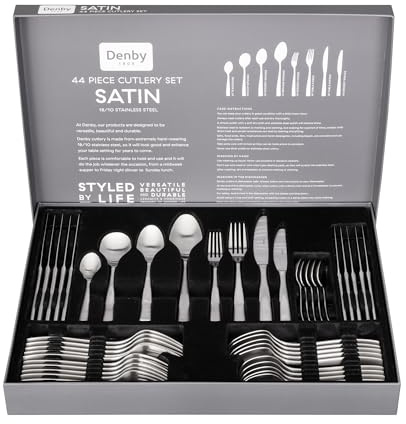 Denby - Satin 44 Piece Stainless Steel Cutlery Set for 6 People - Dishwasher Safe Tableware Kitchen Service – Flatware Set with Fork, Table Knife, Dessert Spoon & Teaspoon, Silver