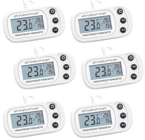 Lotvic Fridge Thermometer Digital, 6PCS Refrigerator Thermometers, Freezer Thermometer with Large LCD Display Min/Max °C/°F Function, Fridge Thermometers UK for Freezer Refrigerator (6 Pack White)