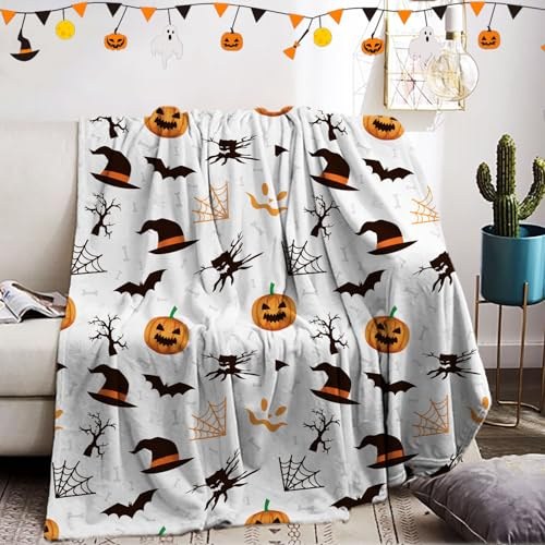KXHHYB Halloween Decke 150x200,Fledermäuse Kürbisse Totenkopf Flanell Decke Flauschig Spinnen Webs Kuscheldecke für Sofa (Weiß, 150x200cm)