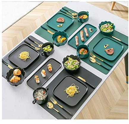 Service de Table Noir et Vert, Couverts Mixtes, Service de Table pour 4 Personnes, Table de Luxe légère, Style Nordique Occidental, Vaisselle, Assiette à Steak, couve,Black+Green-4 Square Plate