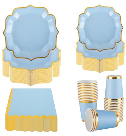 Juego de vajilla para fiestas Vintage PHUNAT para 30 invitados - Azul con platos de papel de hoja dorada, servilletas y vasos - Vajilla de papel de estilo británico clásico para té de la tarde en el