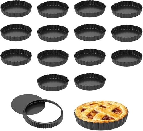 JEUIHAU 16 mini latas de 12 cm, antiadherentes de acero al carbono con base suelta, lata redonda acanalada para hornear quiches, flanes, tartas de queso