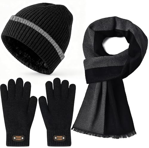 YuhoWon Mütze, Schal Handschuh-Sets für Herren Damen, Strick Beanie Mütze mit Fleece Gefütterung, Touchscreen Handschuhe, Wärmer für Kaltes Wetter Winter 3-in-1 Geschenk Set, Schwarz und Grau