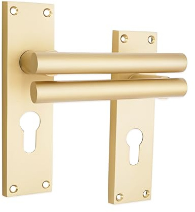 Infinity Decor Satin Brass Euro Lock Lever on Rectangular Backplate Handle Pair - Ideal for Internal/External Doors Euro Profile Cut-Out Design