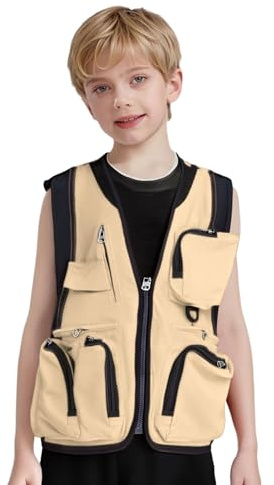 Oyolan Chaleco De Seguridad Multibolsillos Niños con Cremallera Ropa De Trabajo Chaleco Reflectante Bicicleta para Escolares Caqui 8-12 años