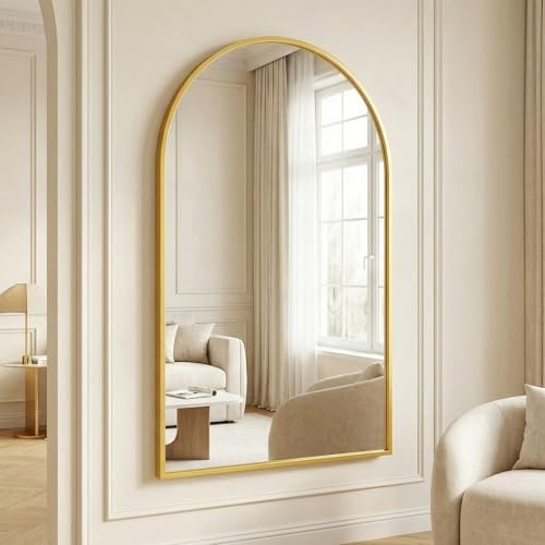 BEAUTYPEAK Bogen Wandspiegel, 120x80cm Aluminiumlegierung Rahmen Badspiegel | Bruchsichere Badezimmer Spiegel, Kann an die Wand Gelehnt oder Aufgehängt Werden, Schwarz Standspiegel für Schlafzimmer, Flur