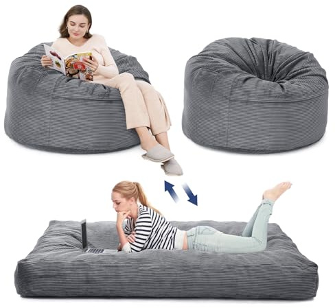 Sitzsack-Bett 200x150x25 cm, Umwandelbar Von XXL Sitzsack-Sessel Zu Bett, Mit Waschbarem Cordbezug, Komfortabler Schaumstoff-Füllung & Seitentasche, Für Wohnzimmer Schlafzimme Gaming, Hellgrau