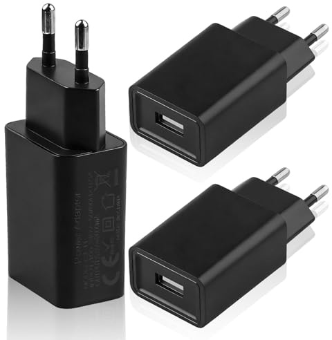 3 Pack Cargadores USB 5V 2A Negros Adaptador de Corriente 10W Enchufe USB | USB-A Universal 100-240V, Carga Segura Compatible con iPhone Samsung iPad Auriculares Powerbank Router Luz LED