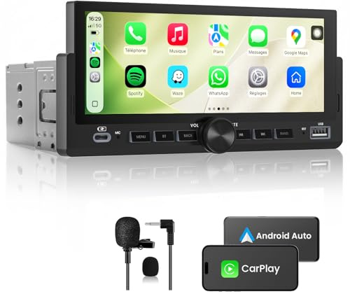 Autoradio 1 DIN, CarPlay Voiture & Android Auto sans Fil, Poste Radio Bluetooth Main Libre, Écran Tactile, Navigation GPS, Contrôle Vocal, AUX/FM, MirrorLink, USB Type-C (6,86)
