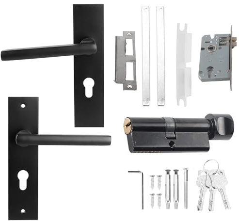 PODSJD Cerradura De Manilla Para Puerta De Madera Zinc Y Cobre Ajustable Negro, Juego De Manillas Con Cilindro - Alta Seguridad, Silenciosa Y Ergonomía Para Hogar Y Oficina