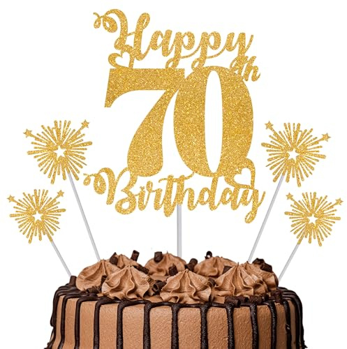 Gold Glitter 70th Birthday Cake Topper Set – 5 Piece Premium Glitter Birthday Decoration & Party Supplies for Men, Women & Kids – 70th Birthday
