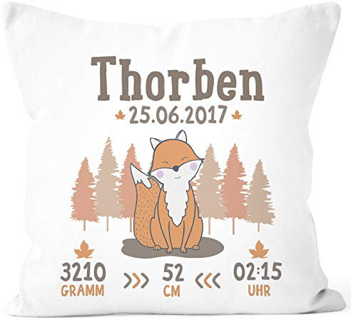 SpecialMe® personalisierbares Kissen zur Geburt, Geburtskissen mit Fuchs für Jungen Mädchen, Namenskissen Geschenk Geburt Baby, Kissen-Bezug ohne Füllung weiß Unisize