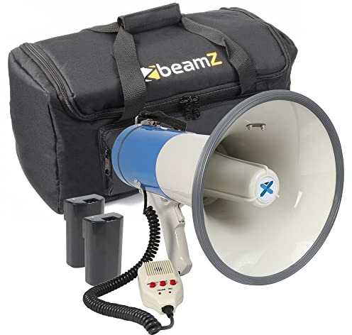 Vonyx MEG065 - Megafon Set mit Tragetasche und Zwei Akkus, 65 Watt Lautes Megafon mit Bluetooth, Aufnahme-Funktion, Sirene, Mikrofon, MP3 Player, USB, SD, AUX, Umhängegurt, Blau-Weiß