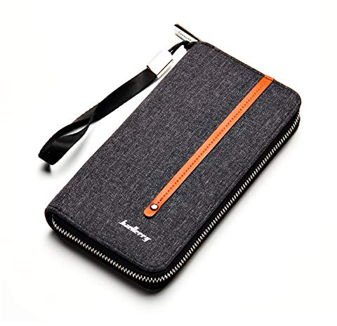 FANDARE Vintage Portafoglio Portfolio Uomo Lungo Cartella Portafogli Tela Dicastero con porta carte di credito portamonete porta tessere Wallet Nero