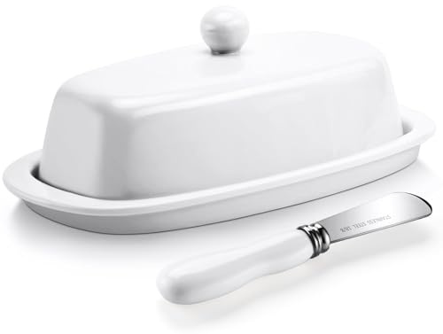 Yedio Ceramic Butter Dish with Lid and Knife for Countertop Refrigerator, 8 Inch White Butter Holder with Porcelain Cover Knob Handle for East West Coast Butter Stick