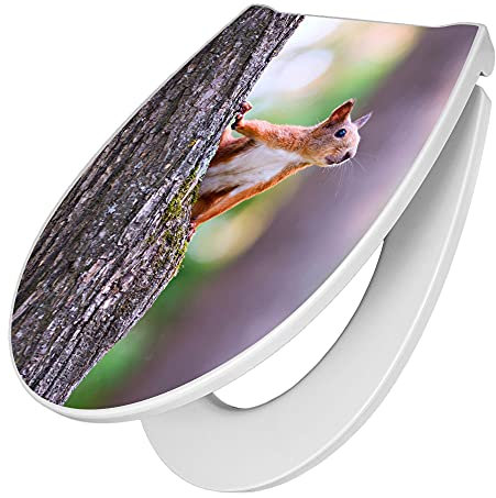 banjado Premium Toilettendeckel mit Absenkautomatik 45x38,4cm / WC Brille Soft Close/hygienischer Toilettendeckel/Klodeckel Duroplast mit Edelstahl Scharnier/Motiv Eichhörnchen