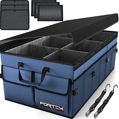 FORTEM Car Boot Organiser, Collapsible Multi Compartment SUV Organizer, Foldable Storage for Car Accessories for Women Men, 600D Oxford, Non Slip Bottom, Securing Straps, Soft Cover (85L)