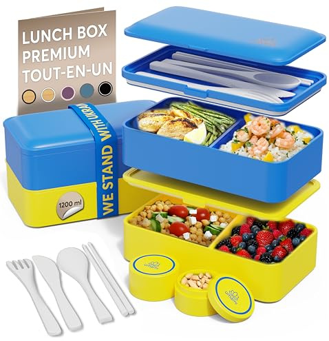 Umami Lunchbox Erwachsene, auslaufsicher, Bento Box Fächern & 4 Bestecke | 1200 ml, mikrowellen- und spülmaschinenfest, stapelbar, ideal für Büro, Picknick, Meal Prep,Salatbehälter To-Go, Blau & Gold