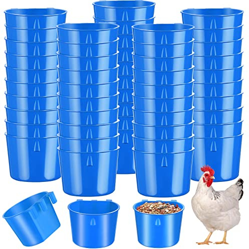 Sumind 60 Pcs Cage Cups Chicken Feeder Birds Hanging Feeders Seed Bowl 8 oz Plastic Water Bowl Hanging Chicken Gamefowl Waterer Feeding Watering Dish Coop Cups for Parrot Parakeet Poultry(Blue)