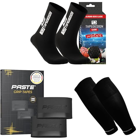 PASTE - XXL Set wählbar aus: TAPEDESIGN Fußballsocken, Schienbeinschoner, Stutzen & PASTE Schienbeinschonerhalter (Grip Tapes) für Kinder, Damen & Herren