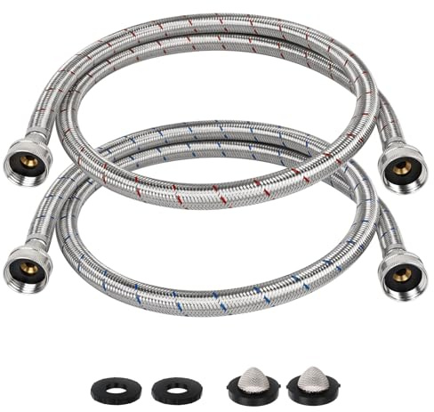 JUWO 4 FT Washing Machine Hoses, Stainless Steel Washer Hoses, 3/4 FHT Burst Proof Washer Machine Hose, Hot and Cold Water Supply - 2 Pack