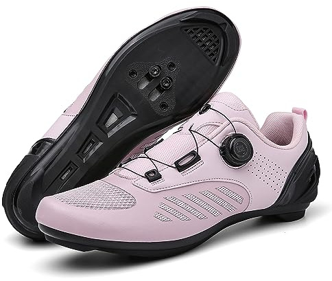 PENXZT Mens Womens Cycling Shoes, Compatible with SPD & Look Delta Peloton Indoor Road Bike Shoes Breathable Non-Slip Riding Shoes,Pink,7 UK