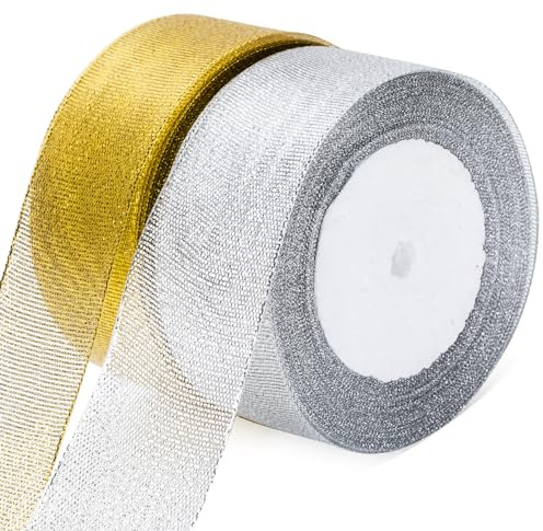 G2PLUS Nastri Natalizi Organza Ribbon,Nastro in Organza,Nastro di Organza Nastro Glitterato per Confezioni Regalo Vacanza,Decorazioni Natalizie,Creazioni Fai da Te,4CM×44M(Dorato+Argentato)