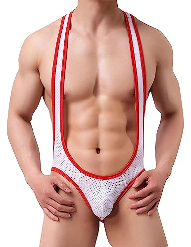 Tanga con Suspensorio de Malla Sexy para Hombre Tirantes, Disfraz Borat Mankini, Body Calzoncillos Transpirables, Ropa Interior Jockstrap, Traje Baño Una Pieza, Mono Lencería Tipo Bóxer (Blanco)