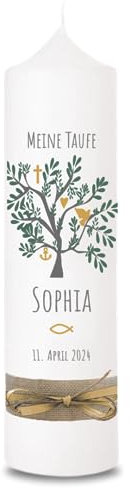 VILLA ROSA LOTTA - Personalisierbare Taufkerze Sophia mit Wunschdaten und Rückseite I Lebensbaum Motiv I 25 cm & 7 cm I Taufkerzen für Jungen und Mädchen I Farbe elfenbein weiß
