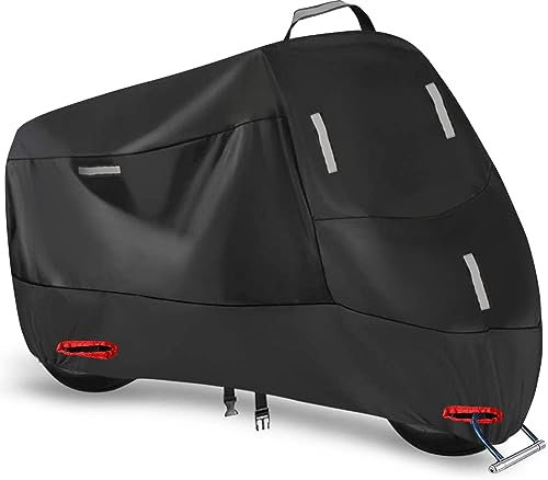 Moped Cover Waterproof Outdoor Indoor, 300D Oxford Motorbike Scooter Cover Rain UV Dust Wind Protection with 5 Reflective Strips and 2 Lock Holes, 2 Fixing Buckles and 1 Storage Bag (S: 75x35x39 inch)
