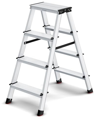 SONGMICS Scaletta Pieghevole, Scala a 4 Gradini, Scala in Alluminio con 4 Gradini Antiscivolo, Multiuso, Portata di 150 kg, Grigio Argento e Nero Inchiostro GLT014E01