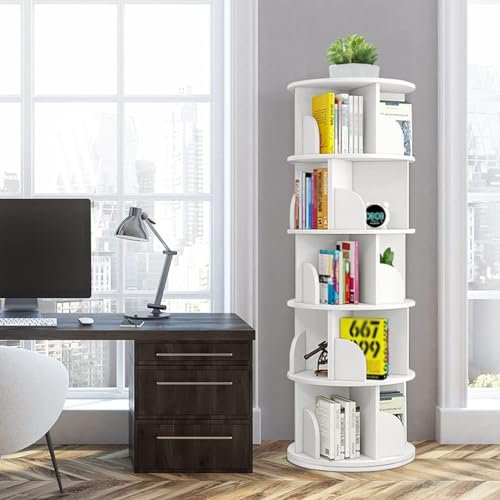 Schreibtisch Organizer - Drehbares Bücherregal Mit 5 Etagen, Bodenstehendes Drehbares Bücherregal, Mit Prallblech-Festspeicher-Präsentationsständer, Für Wohnzimmer, Heimbüro, Bücher, CDs, Alben