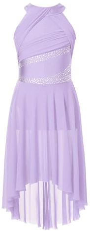 Jugaoge Niñas sin Mangas Brillante Diamantes de imitación Lírica Ballet Maillot Leotardo con Falda Irregular Niños Contemporáneo Moderno Latino Danza Vestidos, lavanda, 122-128