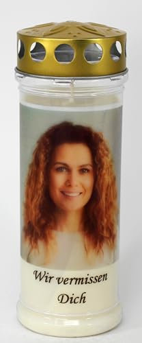 Persönliches Grablicht mit Foto und Spruch- (21x7,5 cm) - Personalisiertes Grablicht, 7 Tage Brenndauer (3972) - Wetterfestes Trauerlicht mit Deckel, Edle Gedenkkerze aus Deutschland