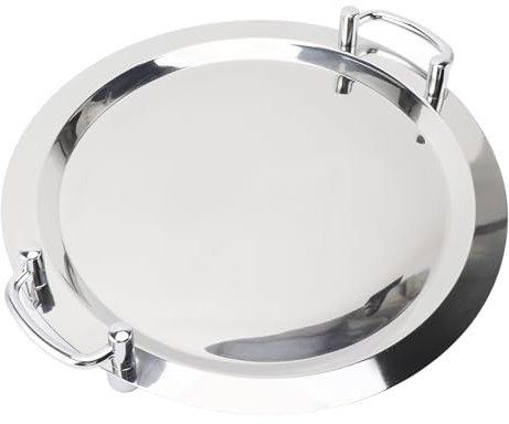 Plateau en Acier Inoxydable avec Support, Plateau de Service en Métal Portable, Assiette à Dîner, pour Restaurant, Hôtel, Buffet (Forme rectangulaire avec poignée argentée, 47,5)