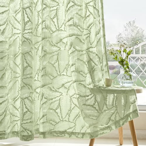 MIULEE Gardinen 2er Voile Vorhang mit Blattmuster Ösen 220×140cm Grün | Halbtransparente Voile mit zartem Vorhang mit Blattmuster, sanfte Lichtdurchlässigkeit für Wohn-, Schlaf- und Kinderzimmer