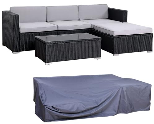 SVITA California Gartenlounge Set mit Abdeckhaube Polyrattan Gartenset Balkon-Set Rattan-Lounge mit Kissen Schwarz