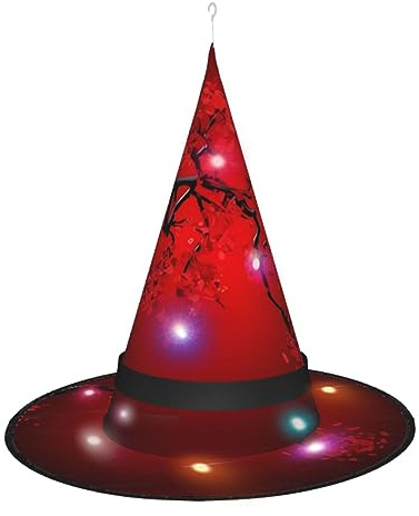 SamLng Sombrero de bruja de flor de cerezo rojo, accesorios de disfraz de Halloween para fiestas, bailes de máscaras y vestido de cosplay para mujer, gorra de luz LED