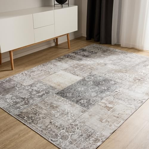 benuta Basic Waschbarer Teppich George - Grau 160x230 cm - Kunstfaser - Rechteckig & im Style: Vintage, Ethno-Style, Shabby Chic - Pflegeleicht für Wohnzimmer Schlafzimmer