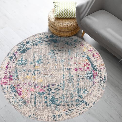 Mazovia Tappeti - Colorato Multicolore Etnico Tappeto per Soggiorno, Camera da Letto, Sala da Pranzo, Ufficio - OEKO-TEX - Rotondo Orientale Tappeti Facile da Pulire - Grigio Colorato - 120 x 120 cm