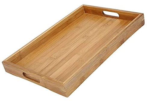 Wuuooei Bandeja de Servicio de Mader, Bandejas de Bambu para Servir, Bandeja Rectangular con Asas, Bandeja Servir Cafe, Bandeja de Te Madera, para Bocadillos, Pan, Fruta, Café, Leche (35x22x4CM)