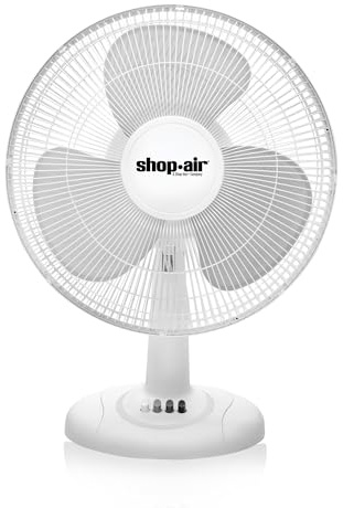 Shop-Air 16 Oscillating Table Fan, 3 Speeds, High-Velocity, Quiet & Powerful Air Circulation, 70° Adjustable Head Tilt,Ideal for Home, Bedroom or Office, White
