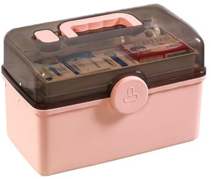 ASIAD 3-Regal Medikamenten Aufbewahrung, Mehrzweck Medikamentenbox mit Transparentem Deckel Bastelkoffer,Aufbewahrungskasten Medizin Box,tragbare Medizintruhe,Rosa,L