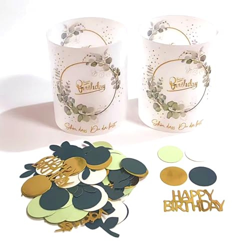 6 Stück Happy Birthday Windlicht Tischdeko Eucalyptus Geburtstag, 100 Stück Gold Grün Weiß Eucalyptus Geburtstag Konfetti