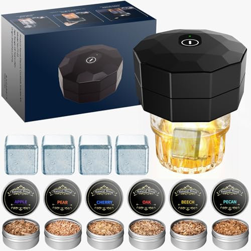 Mtchavno Kit Fumoir à Cocktail Électrique, Kit de Fumeur de Whisky Electrique Portable avec 6 Puces de Bois, 4 Pierres à Whisky, pour Whisky, Bourbon, Aliments, Cadeau pour Mari, Père, Hommes